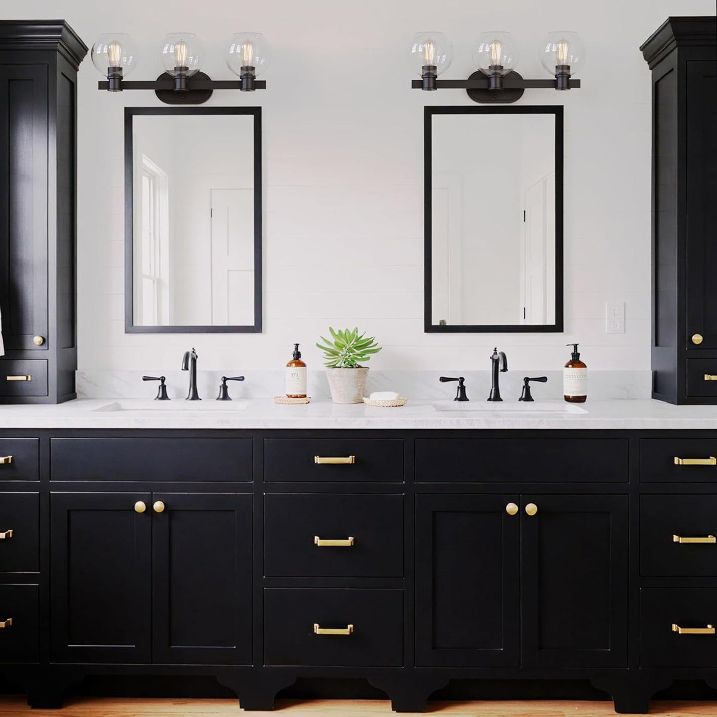 Matte black Dan 3-light bathroom vanity light in a double vanity bathroom