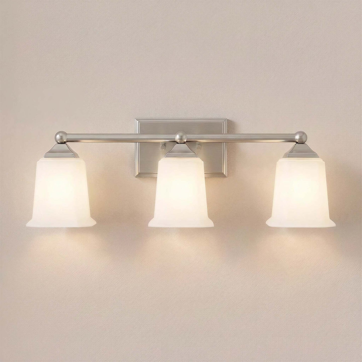 Brushed nickel Nox 3-light bathroom vanity light lit
