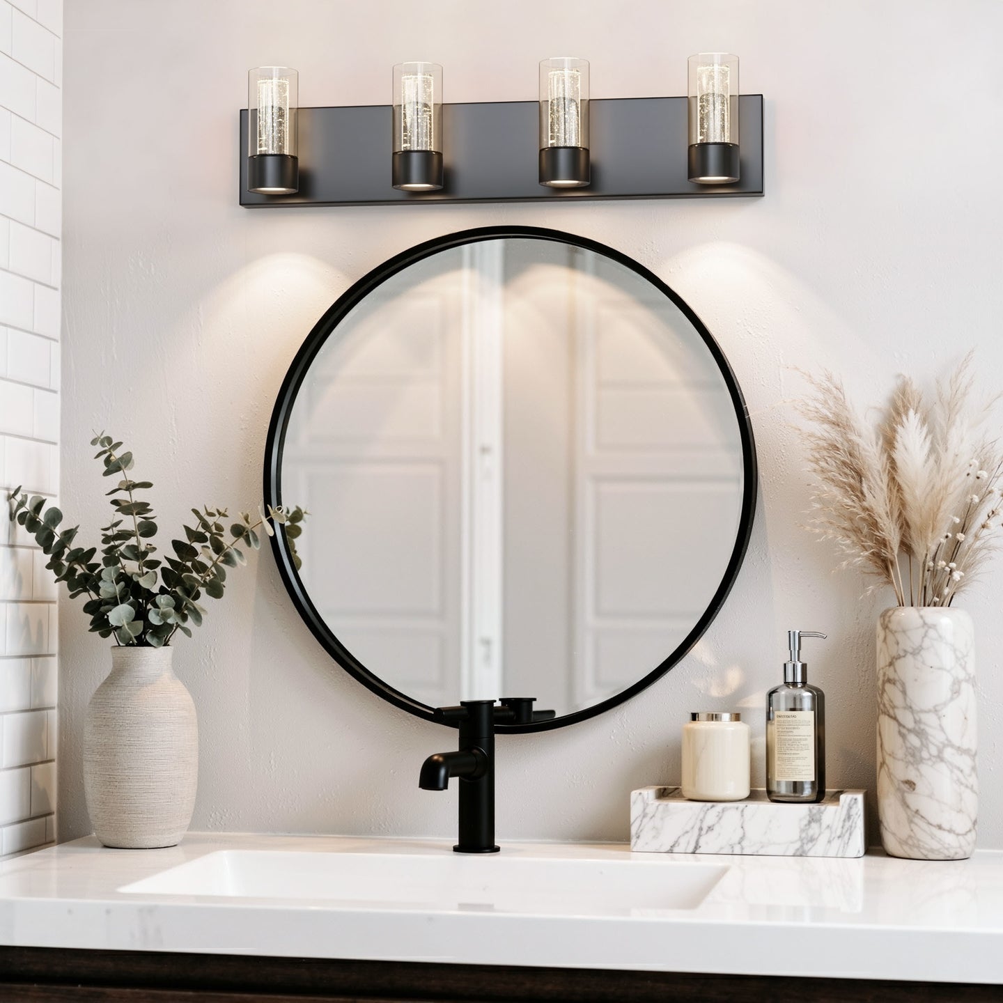 Alice 4-light matte black LED bathroom vanity light in a modern bathroom